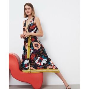 Anthropologie Black Floral Midi Dress with Yellow Trim